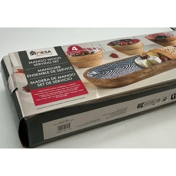 MESA Mango Wood Serving Set 4 Piece Ikat Geometric Patterns Tray & 3 Bowls NEW - Picture 12 of 16